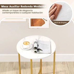 Mesa de apoio redonda 44 x 61 cm para espaços pequenos de 2 níveis com cesto de tecido Estrutura metálica Branca