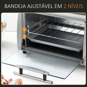 Mini Forno Elétrico de 10 Litros 750W com Temperatura até 230 °C Temporizador 60 Minutos Bandeja e Grade 36,5x26x22cm Preto e Prata