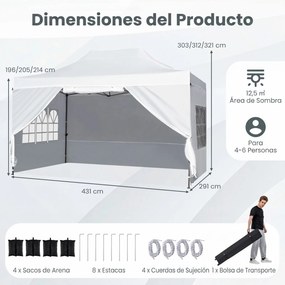 Tenda dobrável 431 x 291 cm, pop-up com 4 paredes amovíveis, altura ajustável, 4 x Sacos de areia, saco de transporte, rodas, impermeável, para pátio,