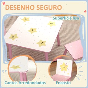 Mesa e Cadeiras para Crianças de 3 Peças Mesa Infantil com 2 Cadeiras em Madeira com Desenhos de Estrelas e Sol Rosa
