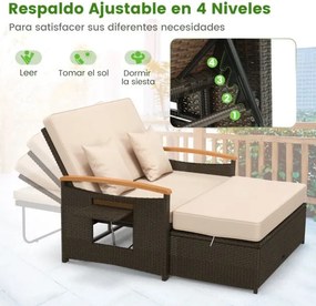 Sofá-cama de rattan para exterior com apoio para os pés com arrumação Encosto ajustável em 4 níveis e tabuleiros laterais retrácteis mistura de castan