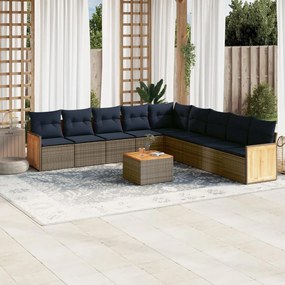 vidaXL 10 pcs conjunto sofás p/ jardim c/ almofadões vime PE cinzento