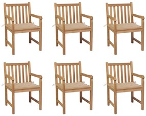 vidaXL Cadeiras de jardim c/ almofadões beges 6 pcs teca maciça