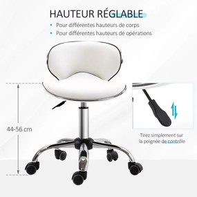 Banco com rodas, banco de trabalho com altura ajustável de 44 a 56 cm e encosto, giratório a 360°, branco