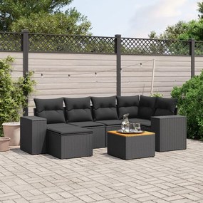 7 pcs conjunto de sofás p/ jardim c/ almofadões vime PE preto