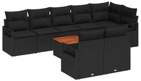 Conjunto de Sofá de Jardim de 9 Peças com Almofadas Pretas em Poli Rat