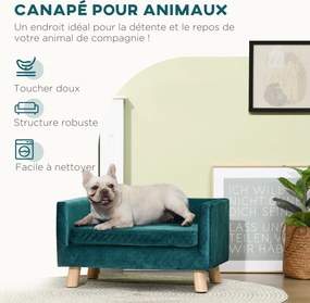 Sofá-cama para cães com design escandinavo, almofada macia e pés em madeira maciça; dimensões: 64 x 45 x 36 cm; veludo azul-pato