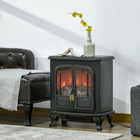 Lareira elétrica tipo fogão 51 x 28 x 60 cm, estilo neo-retro, 2 portas, vidro temperado, 1000/2000 W, LED com luminosidade regulável, aço e ABS, pret
