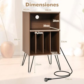 Estante para discos vinil de 3 níveis com estação de carregamento Estante 4 divisórias 48 x 40 x 88 cm cor nogueira