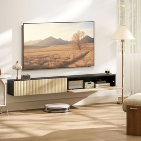 Móvel de televisão suspenso de 140 cm, móvel para televisor de 72 polegadas, 2 portas rebatíveis, 140 x 25 x 22 cm, madeira natural e preta