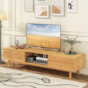 Móvel de TV em bambu 160 cm para TVs com portas de correr 3 compartimentos de arrumação para sala de estar natural