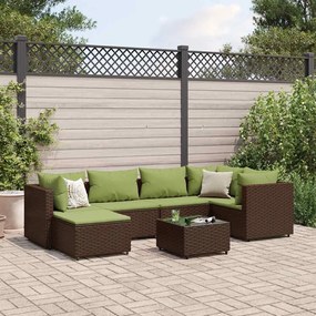 7 pcs conjunto lounge de jardim c/ almofadões vime PE castanho