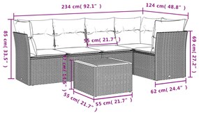 6 pcs conjunto sofás p/ jardim c/ almofadões vime PE cinzento