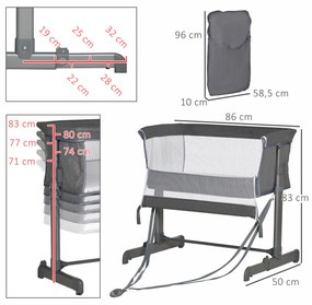 HOMCOM Berço de Bebé 2 em 1 Berço de Viagem Dobrável com Altura e Pés Ajustável em 5 Níveis Bolsa de Transporte até 9kg 86x50x83cm Cinza