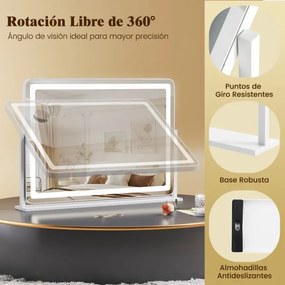 Espelho de maquilhagem com luzes grande de 80 x 55 cm com espelho de aumento de 10X Controlo tátil 3 modos de iluminação Branco