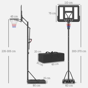 Cesto de Basquetebol de Exterior com Altura Ajustável Suporte Rodas Base Recarregável e Bolsa de Peso 90x60x305 cm Preto