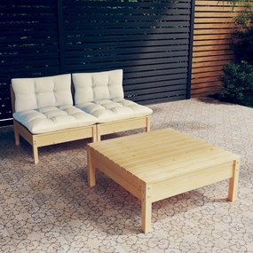 vidaXL 3 pcs conjunto lounge jardim c/ almofadões cor creme pinho
