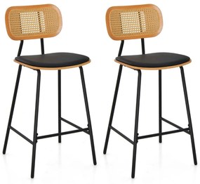 Conjunto de 2 bancos de bar em rattan com encosto e pernas em metal (MESA NÃO INCLUIDA) 45 x 45 x 94 cm Preto + Natural