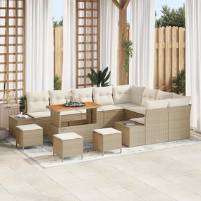 Conjunto de Sofá de Jardim com 13 Peças e Almofadas Bege Vime PE Acáci