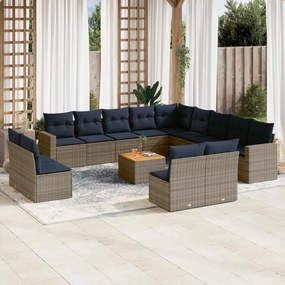 14 pcs conjunto sofás p/ jardim c/ almofadões vime PE cinzento