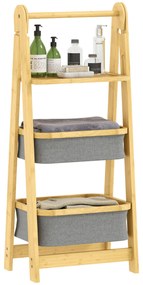 HOMCOM Estante Dobrável para Casa de Banho de Bambu Estante de Casa de Banho com 2 Cestos para Roupa Suja Estante Aberto para Quarto Lavandaria 44,5x32x99 cm Cinzento