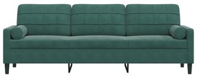 Sofá 3 lug. c/ almofadas decorativas 210 cm veludo verde-escuro