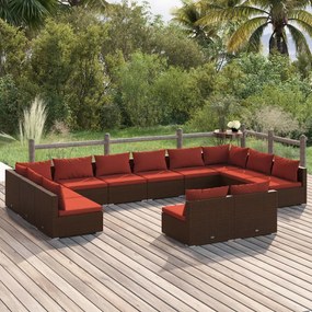 vidaXL 12 pcs conjunto lounge de jardim c/ almofadões vime PE castanho