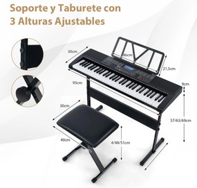 Teclado eletrónico portátil iluminado de 61 teclas com estrado e banco Conjunto de piano digital  50 canções de demonstração Branco + Preto