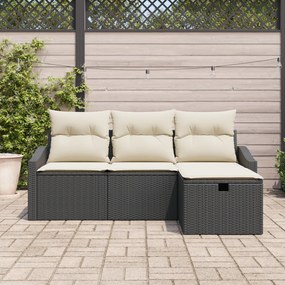 Conjunto de Sofá de Jardim de 4 Peças com Almofadas Pretas de Rattan P