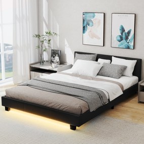 Cama 140 x 200 cm com iluminação LED cama estofada com estrado de ripas estrutura de cama cinza