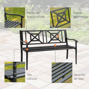 Outsunny Banco de Jardim de 2 Lugares Banco de Exterior de Aço com Apoio para os Braços e Encosto Decorativo para Terraço Varanda Pátio Carga 280kg 128x62,5x81,5cm Preto