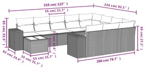 11 pcs conjunto sofás de jardim c/ almofadões vime PE preto