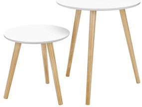 Mesa lateral VASAGLE, mesa de canto redonda, conjunto de 2, mesa de centro minimalista escandinava com pernas de madeira de pinho maciço, branca e natural LET07WN