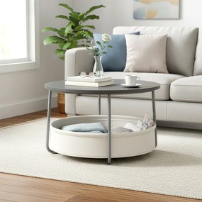 Mesa de centro redonda com cesto em tecido 75 cm de diâmetro e 45 cm de altura cinza cimento-branco creme