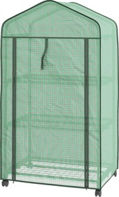 Mini estufa de jardim com 3 prateleiras 69 C x 49 L x 130 A cm, lona de PE de alta densidade, porta enrolável, 4 rodas Verde