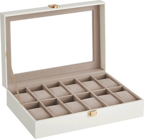 Caixa para relógios com 12 compartimentos 20,2 x 30,2 x 7,8 cm, tampa de vidro e fecho metálico, branco