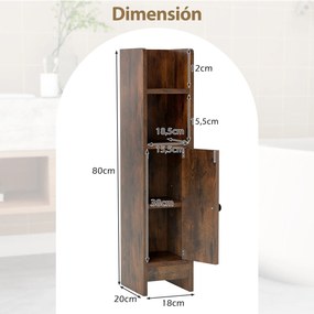 Conjunto de 2 armários de casa de banho 20 cm x 18 cm x 80 cm com porta e estantes ajustáveis, suporte para papel higiénico e organizador para casa de