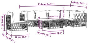 7 pcs conjunto lounge de jardim com almofadões aço branco