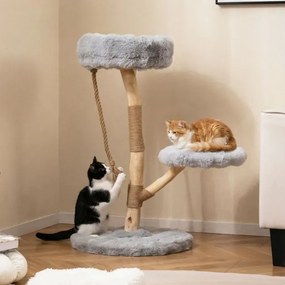 Arranhador para gatos 50 x 90 cm com plataforma central de atividades em madeira maciça, com postes para arranhar em juta natural, natural e Cinzento