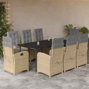 9 pcs conj. jantar jardim c/ almofadões vime PE bege misturado