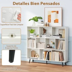 Estante de 3 níveis com 10 cubos, 4 pés de metal e dispositivo anti-capotamento para sala de estar ou escritório 120 x 24 x 107 cm branco