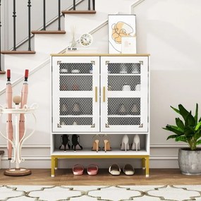 Sapateira com 5 níveis e portas de malha 70 x 35 x 93 cm Organizador moderno para sapatos em madeira com prateleiras ajustáveis e pés brancos