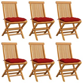 Cadeiras de jardim c/ almofadões vermelhos 6 pcs teca maciça