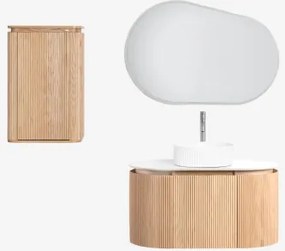 Conjunto De Móvel De Casa De Banho Suspenso 90x50 Cm Em Madeira Carsone Madeira Natural & Madeira Natural & Cerâmica Redonda Riscas - Sklum