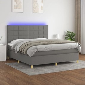 Cama box spring c/ colchão e LED 160x200 cm tecido cinza-escuro