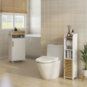 Armário Casa de Banho Moderno com Prateleiras e Suporte para Papel Higiénico 18x20x90 cm Branco e Madeira