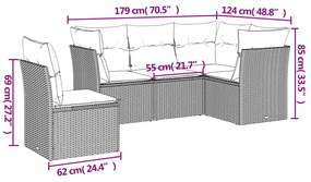 5 pcs conj. sofás jardim c/ almofadões vime PE cinzento-claro