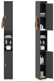 Armário de banheiro alto e estreito, organizador com 2 portas e prateleiras ajustáveis, suporte para papel higiênico e gancho lateral, cinza