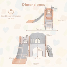 Escorrega infantil 9 em 1 com cesto de basquetebol, telescópio, ponte suspensa e túnel para 1+ anos 176 x 138 x 80 cm rosa