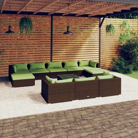 vidaXL 11 pcs conjunto lounge jardim c/ almofadões vime PE castanho